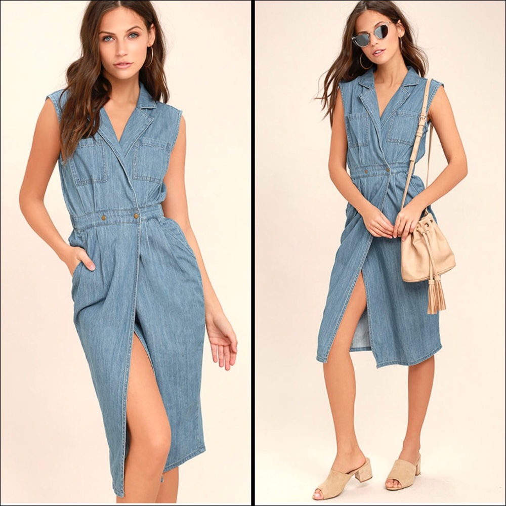 MPD MINKPINK UTILITY BLUE CHAMBRAY WRAP MIDI DRESS